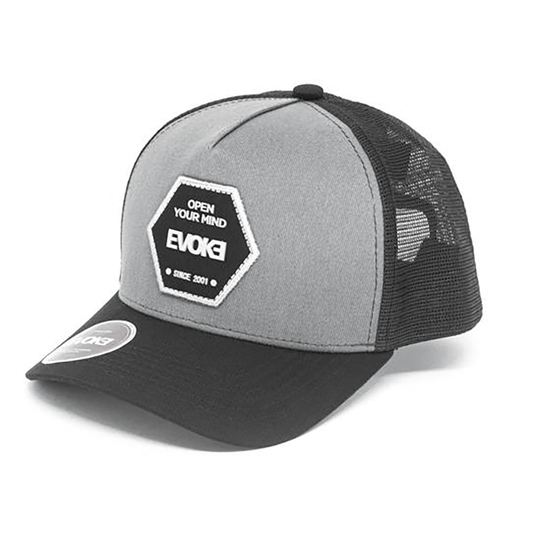 BONÉ Evoke EVK 3 Trucker 5 Aba Curva Split Cinza e Preto Snapback